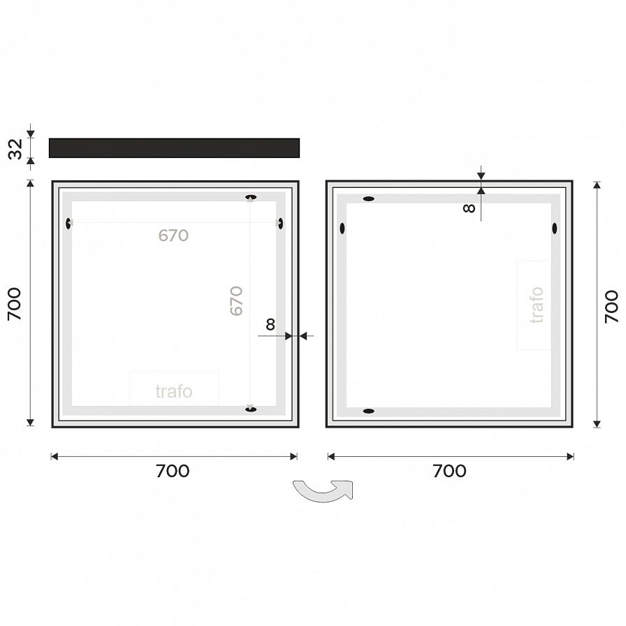 Černé LED zrcadlo 700x700