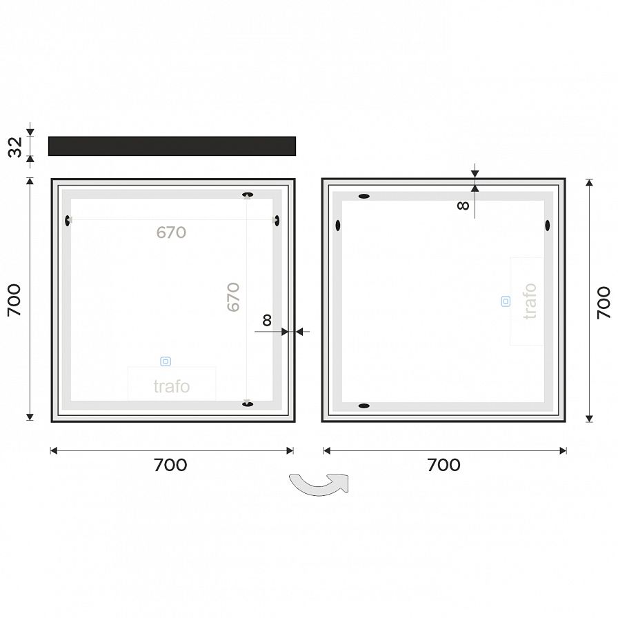 Černé LED zrcadlo 700x700 s dotykovým senzorem
