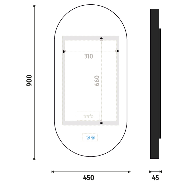 BLACK LED mirror 450x900 with two touch sensor