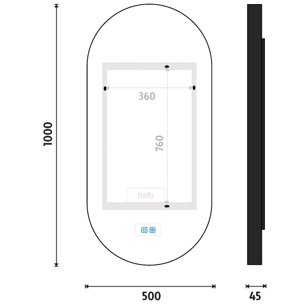 BLACK LED mirror 500x1000 with two touch sensor